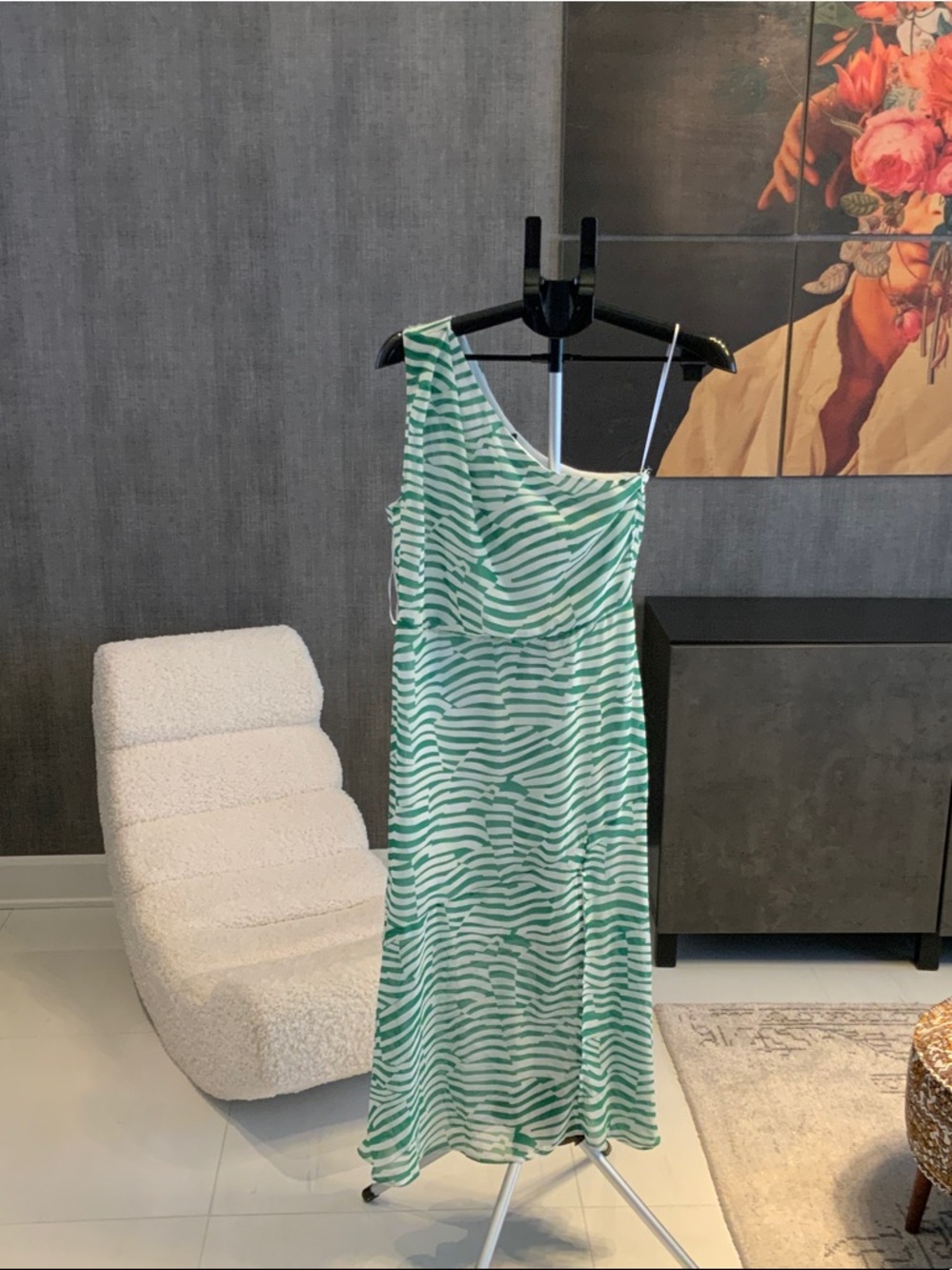 Sam Edelman Green and White One-Shoulder Striped Midi Dress 8